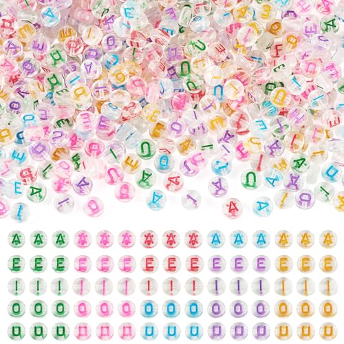 500Pcs Transparent Vowel Letter Acrylic Beads Clear Colorful Flat Round Capital Letter Alphabet Loose Spacer Beads for DIY Bracelet Necklace Keychain Jewelry Making 7x3.5mm - color: Transparent