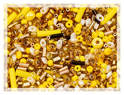 0.7oz (20g) Mix of Small Rocailles, Seed Beads & Bugles 2-10mm Preciosa Ornela Czech Glass Beads, Mix Gold Yellow - color: Gold Yellow Mix - mix, size: Mixed Sizes 2-10mm