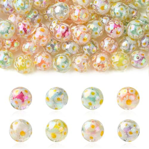 LiQunSweet 30 pcs 15mm Round with Daisy Flower Pattern Acrylic Beads Mix Colors Bubblegum Chunky Round Beads for DIY Jewelry Bracelet Necklace Earring Crafts Keychain Bag Home Decor - color: 15mm Daisy Flower Beads_30 pcs