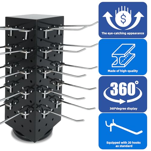 Rotating Pegboard Stand with 20 Peg Hooks 4-Sided Pegboard Spinning Display Stand 4 x 4 x 12 Inches, Keychain Display Stand for Retail Display, Earring Display (Black) - color: Black
