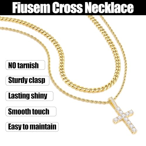 Fiusem Layered Cross Necklace for Men, Silver Tone/14K Gold Plated Mens Necklace Chain with Cubic Zirconia Cross Pendant, Stainless Steel Cuban and Rope Chain - color: Gold, size: 18/20 Inches