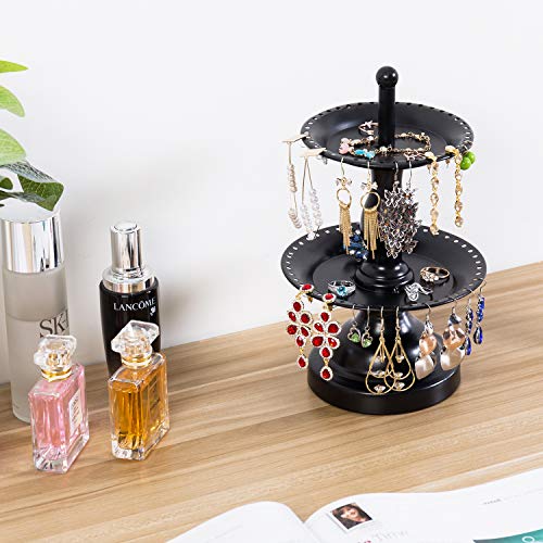 MyGift Earring Storage Rack Organizer, Metal Jewelry Tree, Necklace and Bracelet Hanger with Wooden Ring Tray Trinket Holder - Holds 68 Pairs of Earrings (Black-2-Tier) - color: Black-2-Tier