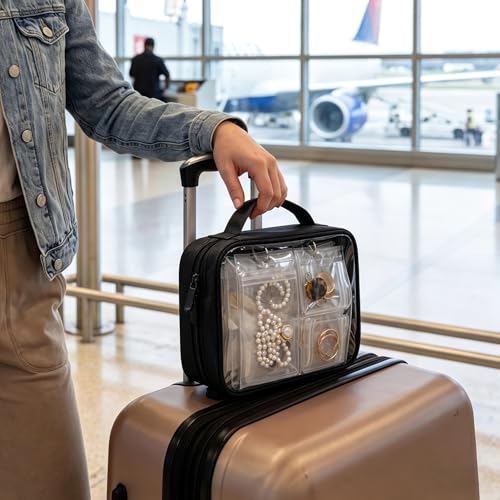 Travel Jewelry Organizer Case Transparent Jewelry Storage Book Binder Bag for Earrings, Rings, Necklace, Bracelet,Black - color: Black,Clear Window
