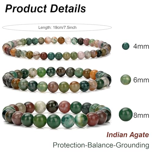 3Pcs Natural Healing Crystal Bracelets for Women Men, 4mm 6mm 8mm Beaded Stretch Bracelet Set, Black Tourmaline Natural Stone Gemstone Jewelry Gifts for Meditation, Reiki & Yoga - color: Indian Agate