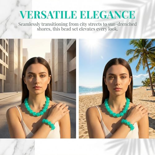 Colorful Chunky Beaded Necklace for Women Acrylic Bead Choker Necklaces Fashion Large Round Beads Necklaces for Women Handmade Summer Jewelry - color: Cyan bracelet + necklace