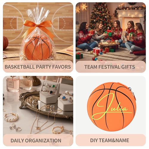 12-Pack Basketball Jewelry Box Bulk Team Gifts for Girls, Orange Round Mini Travel Jewelry Case Organizer for Basketball Players Coaches, Senior Night Tournament Gifting - style: Basketball