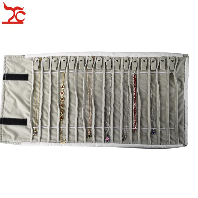 Portable Jewelry Roll Untangled Secure Necklace Travel Storage Bag Displays Holder 16 Chain (Black PU and gray velvet) - color: Black PU and gray velvet