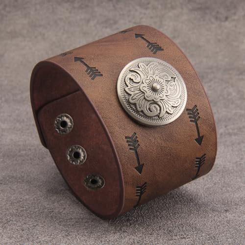 GelConnie Leather Cuff Bracelet Punk Braided Bracelets Rock Leather Wristbands Faux Mens Leather Bracelet Gothic Viking Bangle Adjustable Wrap Bracelet for Women,Men - color: Flower Brown Bracelet