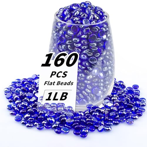 1 LB Blue Flat Glass Beads, 160-180PCS Small Glass Marbles, Mini Flat Round Pebbles for Vase Filler and Floral, Fish Tank Rocks Decorative Gemstones for Home and Aquarium Décor - color: Blue