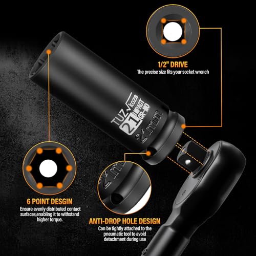 4 Pieces 1/2 inch Drive Deep Impact Socket Set,Metric,17mm 19mm 21mm 22mm,Cr-Mo,6-Point,Spindle Axle Nut Impact Socket - size: 1/2" Deep 4pc