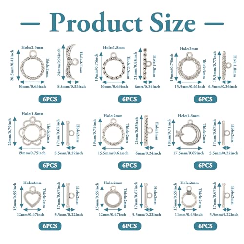 54 Pcs Antique Silver Toggle Clasps Alloy OT Toggle Jewelry Clasps Flower & Ring & Heart T-Bar Closure Clasp Fastener IQ End Connectors for DIY Necklace Bracelet Jewelry Making - color: Alloy-Heart/Flower/Ring
