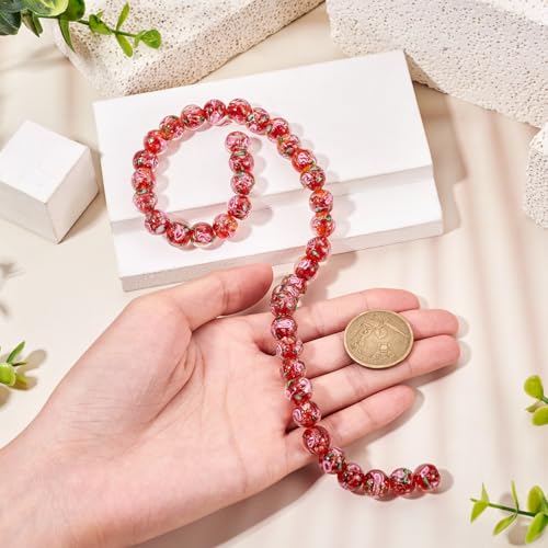 Cheriswelry 40Pcs/Strand Flower Lampwork Beads 10mm Round Glass Loose Spacer Beads Gold Sand Handmade Craft Bead for Rosary Jewelry Crafts DIY Bracelet Necklace Earring (Red) - color: Red