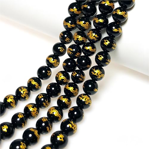 MJDCB Natural Stone Beads 10mm 35pcs Round Black Onyx Carved Dragon Loose Gemstone Bead Charms for Jewelry Making Bracelet Necklace Earring Pendant - color: Black Onyx Carved Dragon, size: 10mm