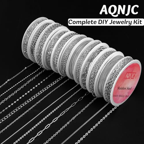 AQNJC Silver Chain for Jewelry Making, 98 Feet 12 Rolls Jewelry Chains with Silver Letter Charms for Women DIY Necklace Bracelet Making Supplies with Jump Rings, Lobster Clasps, Connectors - color: 12 Rolls Silver Necklace Chains with Silver Charms