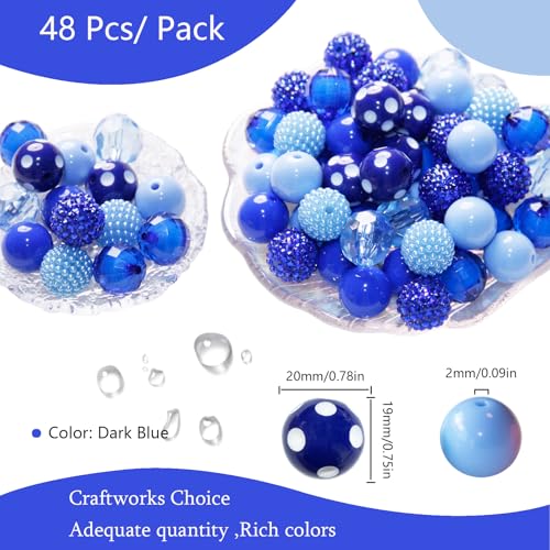 48 Pcs 20mm Beads for Pens Rhinestone Bubblegum Beads Mixed Crystal Acrylic Round Chunky Bead Sparkly Craft Large Balls Bead for Pen Beadable Keychain Bracelet Necklace DIY Jewelry Making Supplies - color: Dark Blue series