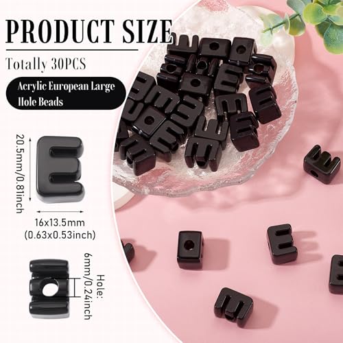 30Pcs Acrylic Letter Beads Letter E Chunky Vowel Large Hole Bead with Horizontal Hole Black Plastic 3D Initial Alphabet Beads for Key Chains Necklace DIY Craft Arts Projects - color: Black E