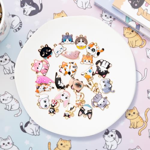 Cat Charms Pendants - 48Pcs Pet Cat Alloy Enamel Jewelry Pendants Bulk Cute Animals Gold Enamel Charms for Jewelry Making Earring Necklace Bracelet Making DIY Crafts Birthday Xmas Winter Holiday Gift