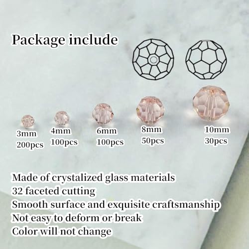 480pcs Crystal Glass Beads 3mm 4mm 6mm 8mm 10mm Round Faceted Glass Spacer Beads for Bracelets Necklace Earring DIY Jewelry Making Craft(Pink) - color: Pink