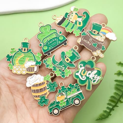 18pcs Alloy enamel green Irish Festival St. Patrick's Day clover carriage beer glass Jewelry Making DIY Keychain Earrings Pendant Various Design Charms for Jewelry Making Bracelets Necklace(SN1086) - color: SN1086