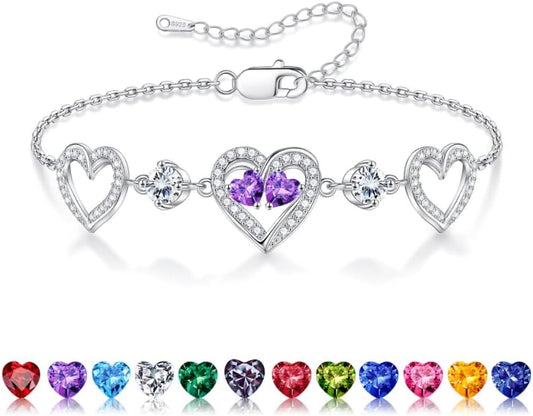 Iefil Valentines Day Gifts for Her - 925 Sterling Silver Heart Birthstone Bracelet Birthday Anniversary Jewelry Gifts for Her Wife