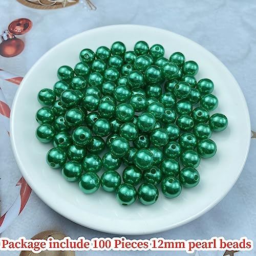 Pinhoollgo 100pcs Pearl Beads 12mm Round Pearl Beads with Hole for DIY Bracelet Necklace Jewelry Making Supplies Handmade Craft(Green) - color: Green, size: 12mm/100pcs