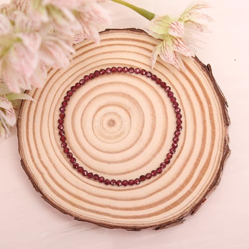 BONNY BOXX Natural Genuine Gemstone Faceted Round Beads Bracelets, 3mm Adjustable Stretchy Tiny Faceted Black Tourmaline Bracelet, Healing Crystal Reiki Chakra Dainty Jewelry Fashion Gifts - color: Garnet