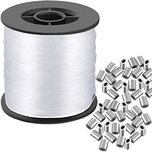 Clear Invisible Hanging Wire 0.9mm Up to 60lbs, 656Feet(200M) Strong Nylon Thread for Beading Sewing Ornaments with 60Pcs Aluminum Crimping Sleeves, Hanging Kit for Picture Frame, String Light