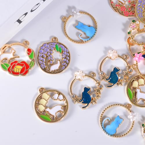 Bulk Gold Enamel Charms for Jewelry Making, Colorful Metal Charms Pendant for Bracelet Necklace and Crafting - color: Cat on Wreath2 White