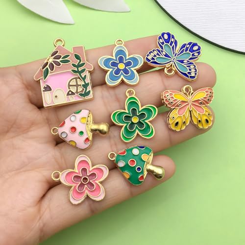 Sailanzi 24pcs Alloy enamel house butterfly mushroom series Pendant Jewelry Making DIY Keychain Earrings Pendant Various Design Charms for Jewelry Making Bracelets Necklace (SN786) - color: SN786