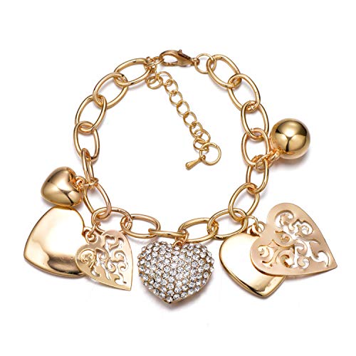 SILANER Gold Chain Link Bracelet - 7"+ 2" Extender 14K Gold Plated Love Locked Bracelets for Women, with Crystal, Love Heart,Key, Lock, Charm Bracelet - color: Ture Love Charm