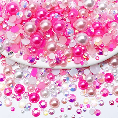 Townem 60g Mix Pearls and Rhinestones for Crafts, 2mm-10mm Flatback Gems for Tumblers Shoes Nails Face Art, Bedazzling Half Pearls and Rhinestones, Light Pinks|White - color: Pink Girl Blend | Mix Light Pinks | White