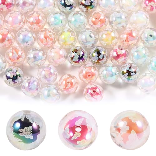 15Pcs Acrylic Beads Round 16mm UV Bead in Bead with Butterfly Print Fit for DIY Jewelry Bracelet Necklace Keychain Beadable Pens Mobile Phone Chain Making Cute (Butterfly-White) - color: Butterfly-White