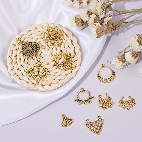 SUNNYCLUE 1 Box 10 Styles Chandelier Connector Charms Component Links Alloy Hollow Filigree Pendants Flat Round Teardrop Triangle Shape for Jewelry Making Earring Supplies,Antique Gold - color: 40pcs 10 Styles Antique Golden