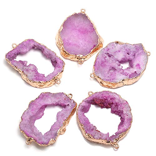 LHJ 5Pcs Natural Druzy Agate Links Necklace Pendants Gemstone Charm Connectors Golden Plated for Necklace Bracelet Jewelry Making - color: Rose Red, size: 30-35mm