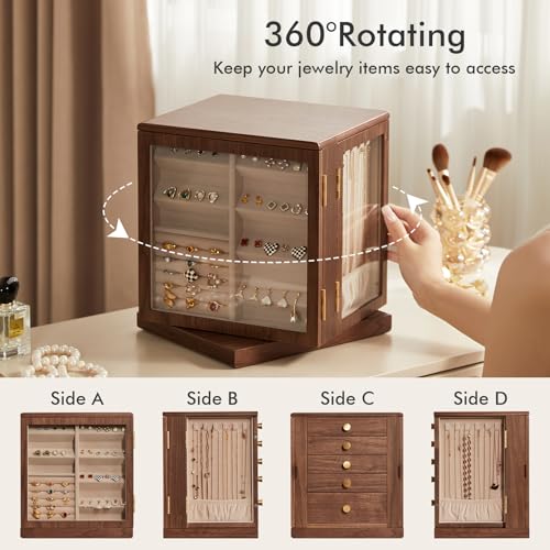 CHOSIN Black Walnut Wooden Jewelry Box, 360° Rotating Organizer with Glass Lid, 5 Drawers for Earrings, Rings, Necklaces – Vertical Jewelry Storage for Women Mothers Day Gifts for Mom - style: 360° Rotatable