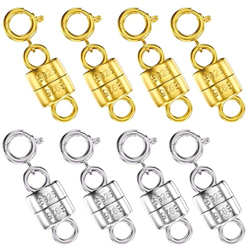 OHINGLT 925 Sterling Silver Magnetic Necklace Clasps and Closures,Gold and Silver Magnetic Clasp Converter for Jewelry Making Supplies,Chain Extender Connector for Small Necklace Bracelet - color: 8Pcs Gold & Silver