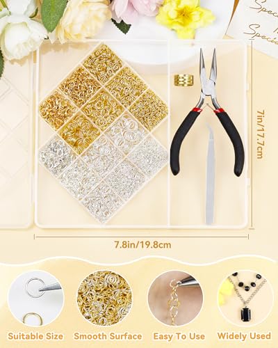 Fiveizero 2400pcs Jump Rings Kit for Jewelry Making with Gold/Silver Jump Rings,Lobster Clasps & Tools-Pliers,Tweezer,Opener for Necklace,Earrings,Charms Repair and DIY Craft Supplies ﻿