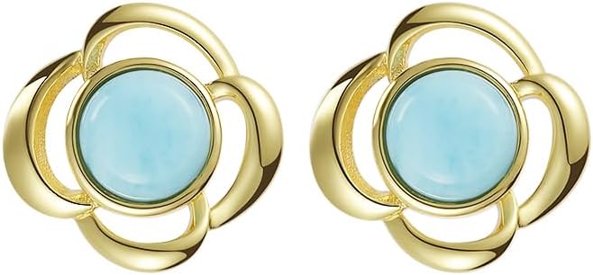 Larimar Stone Stud Earrings for Women, Gold Plated Brass