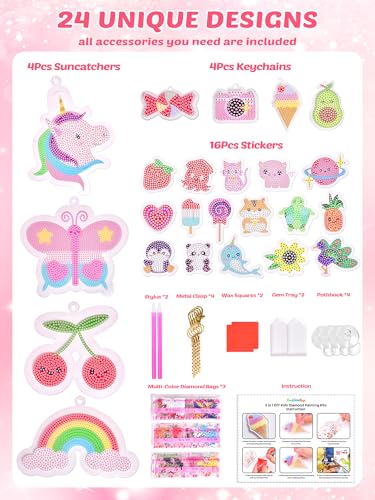 FUN LITTLE TOYS 24Pcs Diamond Art Kits, Diamond Painting Kits, Arts and Crafts for Kids Ages 6-12, Gem Art As Gifts Ideas for Girls and Boys, Small Diamond Painting Stickers, Kids Craft Age 6+