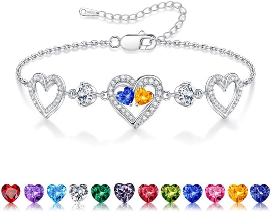 Iefil Valentines Day Gifts for Her - 925 Sterling Silver Heart Birthstone Bracelet Birthday Anniversary Jewelry Gifts for Her Wife