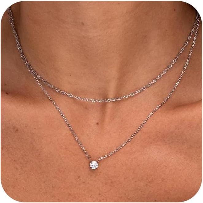 Dainty Gold Necklace for Women Non Tarnish Layered 14k Diamond Pendant Charm Gold Plated Necklaces CZ Trendy Zirconia Chain Choker Necklace Stack Gold Jewelry for Women Birthday Gift