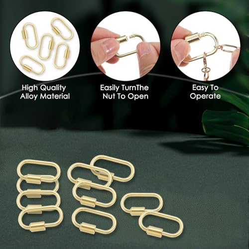10pcs Screw Carabiner Lock Charms, Silver Necklace Lock Clip Keychain Clip Hook Metal Oval Keyring Holder Clasp for DIY Necklace Bracelets Jewelry Making, 2.5x1.5cm - color: Gold