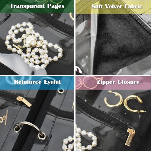 Travel Jewelry Organizer Case,Jewelry Bags Jewelry Storage Book Binder with Clear Zipper Velvet Pouch for Traveling,Earrings, Rings, Necklace, Bracelet - color: Black