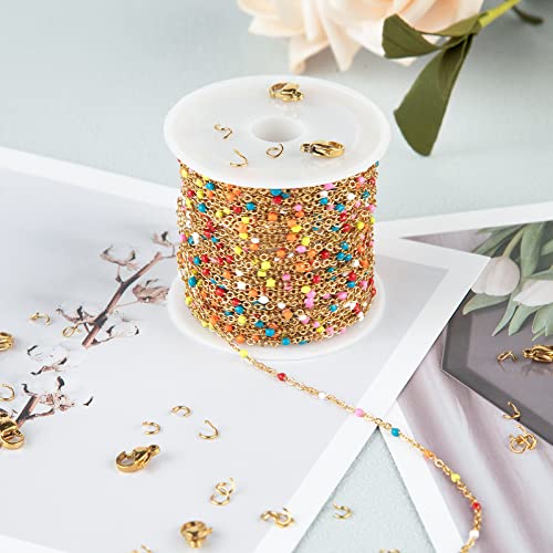 UMAOKANG 33 Feet/10 Meters Colorful Beaded Stainless Steel Jewelry Chains Gold Plated Cable Link Chain for Jewelry Making with 10 Lobster Clasps and 30 Jump Rings - color: Colorful Bead-Gold