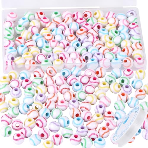 100pcs Baseball Beads with 5.5 Yard Elastic Rope,Acrylic Softball Bead Sports Beads DIY Spacer for Necklace Bracelet Keychains Handmade Jewelry Making Accessories,12mm(Rainbow Baseball) - color: Rainbow Baseball