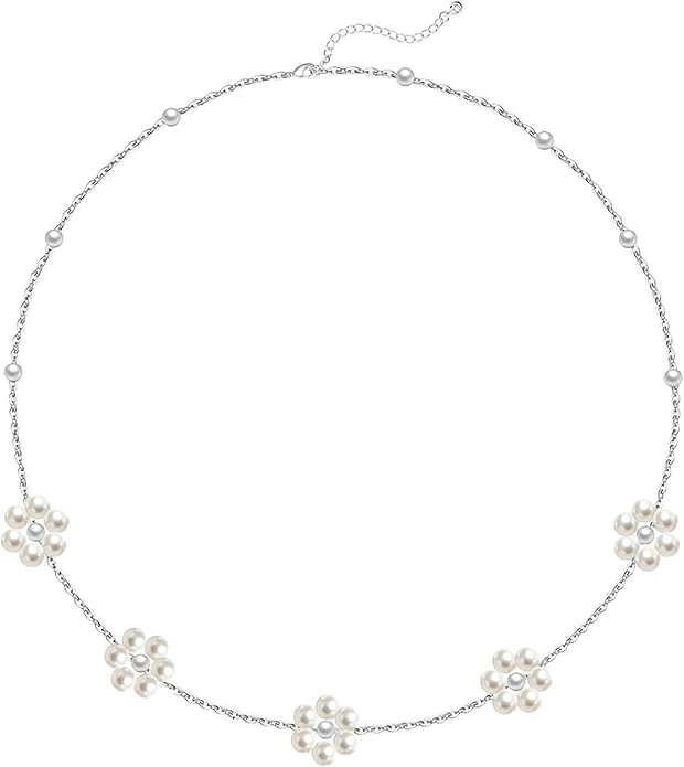OGD Gold Pearl Necklaces Set for Women 14K Gold Plated Dainty Layered Pearl Cute Daisy Pearl Choker Gold Necklace Gifts for Women Gold Trendy Jewelry Gifts
