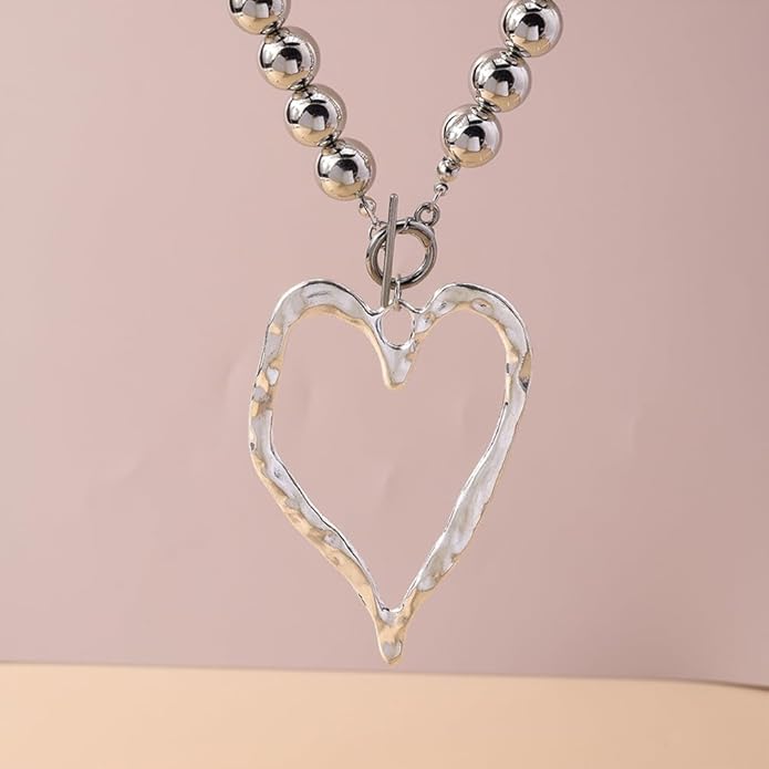 Unique Big Chunky Gold Heart Beads Necklace for Women, Charm Large Thick Hollow Love Heart Pendant Beaded Chain Choker Necklaces Party Y2K Jewelry Gift