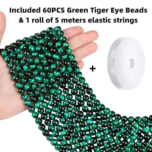QINJIEJIE 60PCS Green Tiger Eye Beads 8mm Stone Beads Round Loose Gemstone Bead for Bracelet Beading Crystal Jewelry Making DIY Necklace Earrings 0.32" - color: Green Tiger's Eye, size: 60PCS