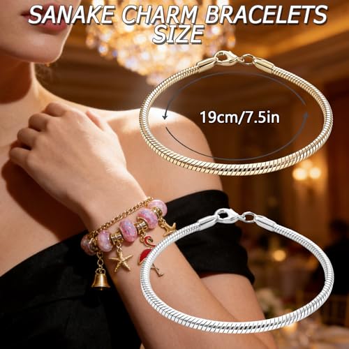 Exway 10 Pcs Snake Charm Bracelet Chain 7.5 Inch Gold and Silver Charm Bracelet Kit Snake Chain Bracelets Chain for Christmas DIY Women Jewelry Making Gifts - color: gold+silver, size: 7.5in