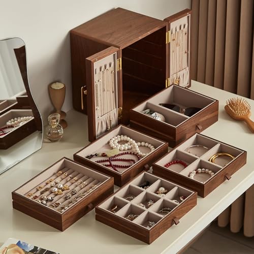 CHOSIN Black Walnut Wooden Jewelry Box 5 Layer Large Wood Jewelry Organizer Brass Handle for Necklaces Rings Earrings Watches Storage Monther Mothers Day Gifts for Mom (7.9x8.7x10.0inches) - style: Ginkgo Leaf - Shaped Handle